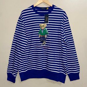 Polo Ralph Lauren Men's Royal White Striped Polo Bear Crewneck Sweater NEW